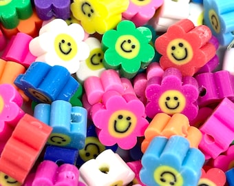 Cute Flower Beads, Smiley Face Flower Beads for Jewelry Making, Polymer Clay Beads for Bracelet, Handmade Beads, SMOL Beads