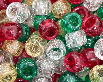 Christmas Sparkle Bead Mix for Jewelry Making, Christmas Beads for Garland, Christmas Pony Beads, Glitter Barrel Beads for the Holidays