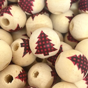 Perle de sapin de Noël rouge, Perles en bois pour guirlande, Ornement, Perles en bois pour décoration des Fêtes, Plaid Buffalo