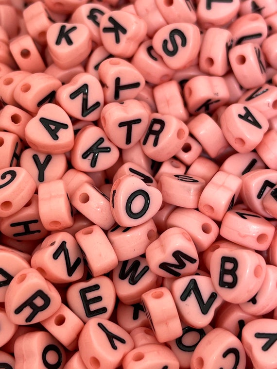 Coral Pink Letter Beads, Heart Alphabet Beads, Name Beads for