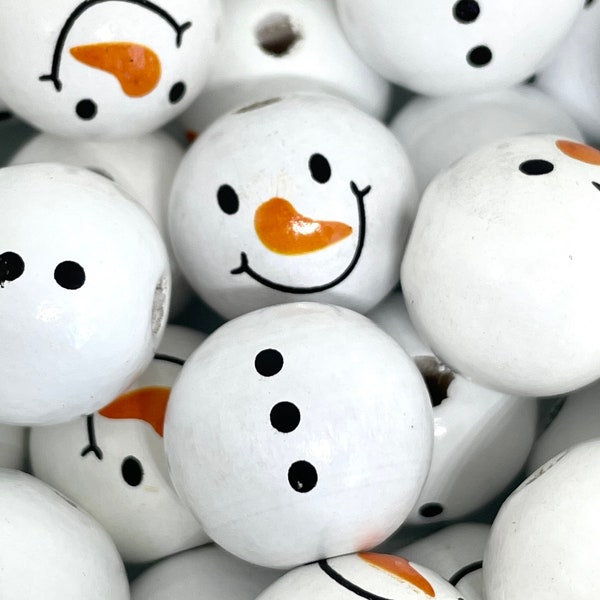 Snowman Beads for Christmas, Painted Wood Beads for Macrame, Snow Beads, Christmas Beads for Garland, Holiday Beads for Decoration