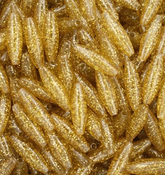 Gold Glitter Spaghetti Beads, Gold Beads 19mm, Cylinder Beads, Rod 