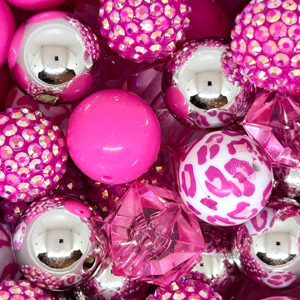 Chunky Hot Pink Themed Bubblegum Bead Mix, 20mm beads