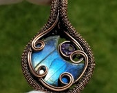 Labradorite and Amethyst Crescent Moon Pendant, Labradorite Moon Copper Wire Wrapped Pendant