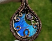 Labradorite Crescent Moon Necklace, Labradorite and Amethyst - Peridot Wire Wrapped Moon Pendant