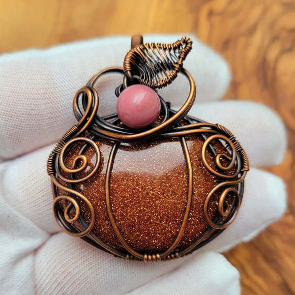 Red Goldstone Pumpkin Pendant, Red Goldstone and Rhodochrosite Wire Wrapped Fall Pumpkin Necklace