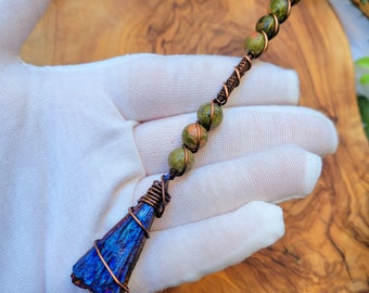 Peacock Kyanite Witchy Broom Necklace, Aura Kyanite and Unakite Wire Wrapped Broomstick Pendant