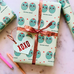 Olive You Gift Wrap - I Love You - Happy Vday - Anniversary - Valentines Day Wrapping Paper - For Him - For Her - Friendship - Cute Olives