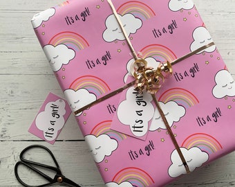 Baby Girl Gift Wrap - Baby Shower Gift - New Baby - Baby Girl - Christening - Wrapping Paper - Clouds-Rainbows - Gift Tag- New Born