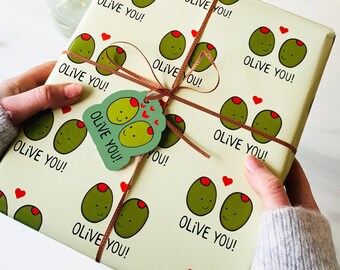 Olive You! Wrapping Paper - I Love You Gift Wrap  - Olive Illustration - Anniversary Gift - Valentines Gift Wrap - Friendship - Love