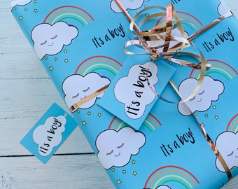 Baby Boy Gift Wrap - Baby Shower Gift - New Baby - Christening - Wrapping Paper - Clouds - Rainbows -  Nursery - New Born