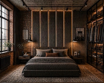 Luxury Upholstered Wall Panels with Brass Strips | Floor to Ceiling Fabric Wall Panels | Modern Headboard Wall | Custom Bedroom Panels