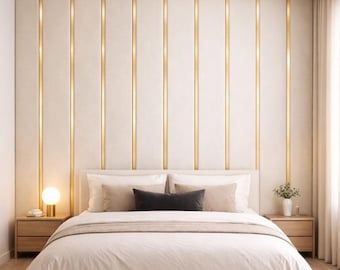 Paneles de pared tapizados de lujo con tiras de latón | Paneles de tela de piso a techo | Cabecero moderno | Paneles de dormitorio personalizados