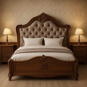 Carved Wooden Bed | Solid Wood Bed Frame with  Headboard | Luxury Bedroom Furniture | Custom Sizes Available
