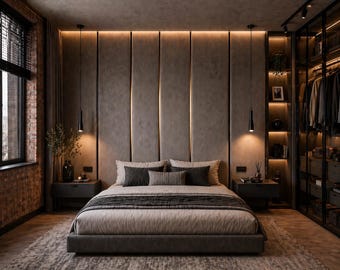 Paneles de pared tapizados de lujo con tiras de latón | Paneles de tela de piso a techo | Cabecero moderno | Paneles de dormitorio personalizados