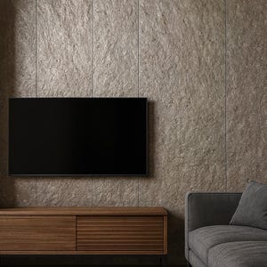 Puede incluir: Una moderna sala de estar con un televisor negro montado en una pared de piedra texturizada. Debajo del televisor hay una consola de medios de madera con puertas correderas. Un sofá gris y una alfombra neutra completan el diseño contemporáneo.