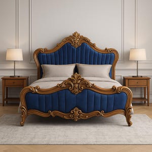 Carved Wooden Bed | Solid Wood Bed Frame with  Headboard | Luxury Bedroom Furniture | Custom Sizes Available