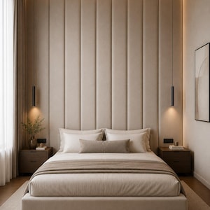 May include: A modern bedroom featuring a beige upholstered headboard with vertical panels. The bed is made with neutral-toned bedding and a decorative throw. Two dark wood nightstands flank the bed, each with a lamp and decor. Black pendant lights hang from the ceiling.