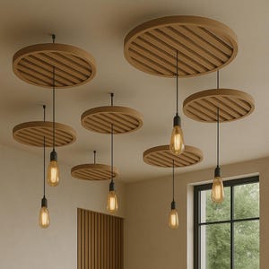 May include: A collection of modern pendant lights with wooden, slatted circular shades. Each light features a vintage-style Edison bulb suspended from a black cord. The lights are installed on a neutral-colored ceiling, creating a warm, inviting ambiance.
