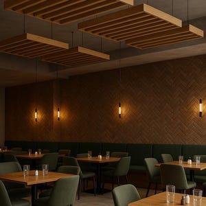 Puede incluir: Interior de un restaurante con un diseño moderno. Cuenta con paneles de techo de madera, luces colgantes y mesas con sillas verdes. Las paredes están revestidas con un patrón de espiga y un banco verde bordea la pared del fondo. El suelo es de baldosas.