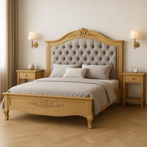 Carved Wooden Bed | Solid Wood Bed Frame with  Headboard | Luxury Bedroom Furniture | Custom Sizes Available