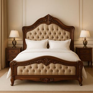 Carved Wooden Bed | Solid Wood Bed Frame with  Headboard | Luxury Bedroom Furniture | Custom Sizes Available
