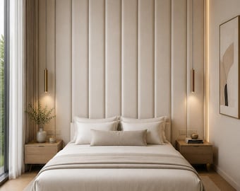 Pannelli decorativi morbidi dietro il letto | Parete d'accento imbottita per la camera da letto | Pannelli verticali color crema per la testiera del letto