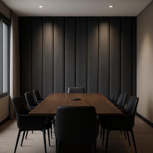Puede incluir: Una sala de conferencias moderna con una mesa de madera oscura y sillas negras. La habitación cuenta con un panel de pared texturizado gris oscuro y paredes de tonos neutros. La habitación está bien iluminada con luces empotradas en el techo y una ventana con cortinas transparentes.