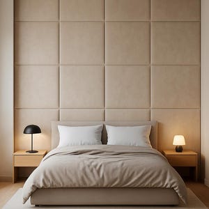 Puede incluir: Un dormitorio moderno con un cabecero tapizado beige con un patrón de cuadrícula. La cama está hecha con un edredón beige y almohadas blancas. Dos mesitas de noche de madera con lámparas flanquean la cama, sobre una alfombra clara y suelo de madera.