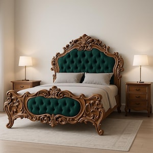 Carved Wooden Bed | Solid Wood Bed Frame with  Headboard | Luxury Bedroom Furniture | Custom Sizes Available