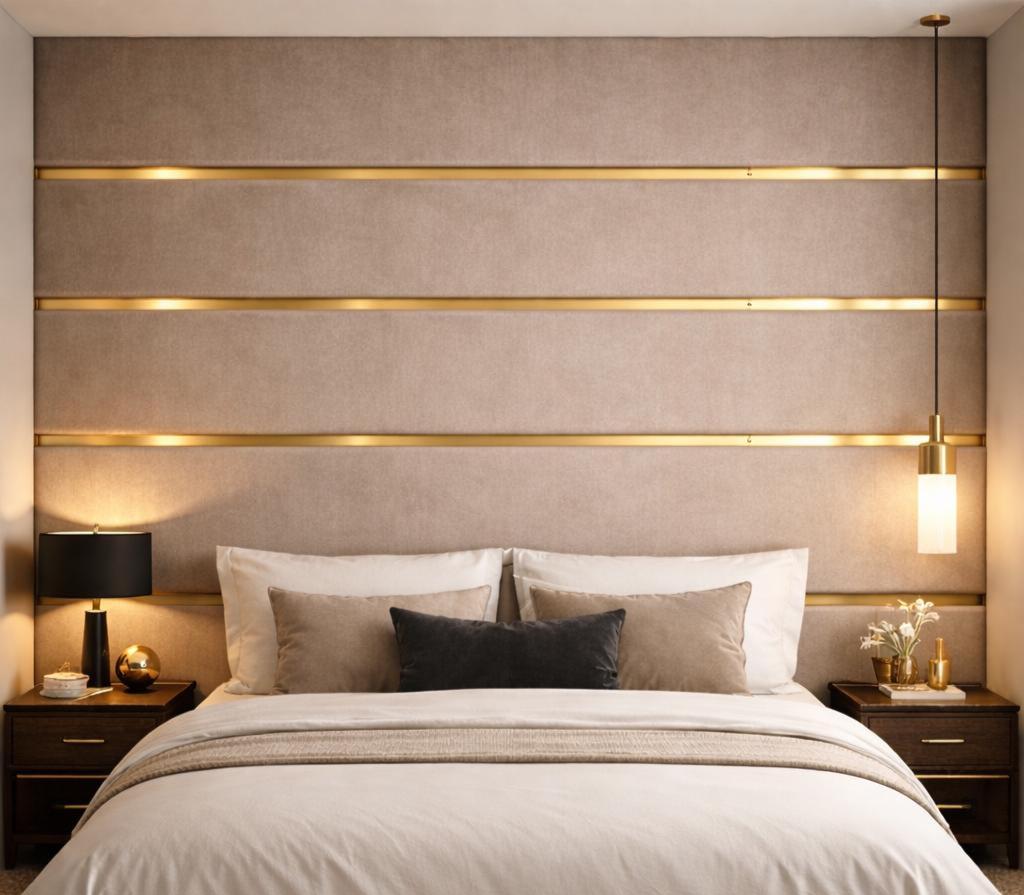 Full Wall Upholstered Headboard Panels With Golden Lines- Custom Large Soft Panels - Modern Style Look