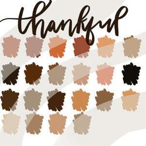 May include: An illustration with the word "thankful" in a handwritten font. Below the word are 20 abstract shapes in various shades of brown, tan, and black, arranged in a grid pattern. The background is a light beige with white curved lines.
