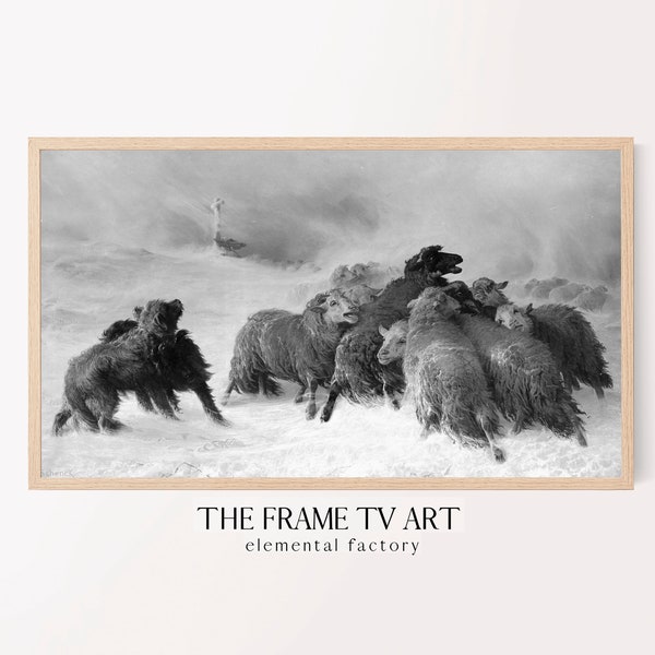Samsung The Frame TV Art | Vintage Sheep in a Winter Snowstorm | Neutral Colored Digital Download