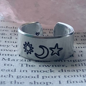 Sun, Moon, Star Ring / Hand Stamped Metal Ring / Secret Message