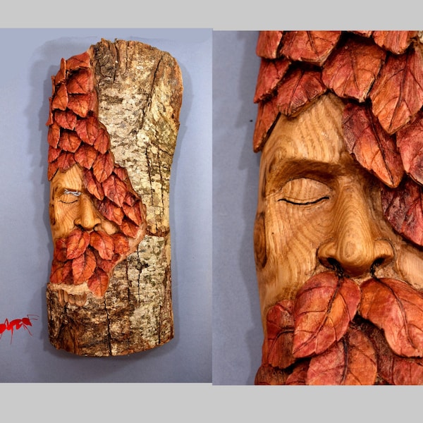 Wood spirit carving green man Italian chestnut tree face, carved wood wall art leaf face wooden wall hanging design, handcarved sculpture