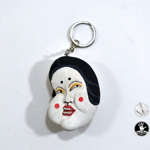 wooden keychain okame japan mask, tattoo lovers rustic keychain, unique gift handmade
