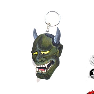wooden keychain green hannya japan mask, tattoo lovers rustic keychain, unique gift handmade
