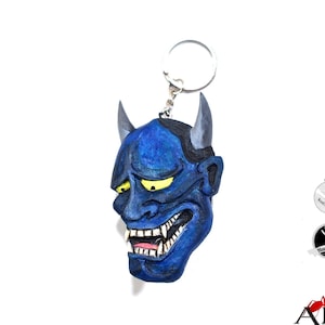 wooden keychain blue hannya japan mask,tattoo lovers rustic keychain,unique gift handmade