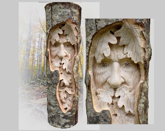 Wood spirit carving green man Italian chestnut tree face with oak leaves natural, handcarved sculpture wood wall art