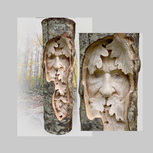 Wood spirit carving green man Italian chestnut tree face with oak leaves natural, handcarved sculpture wood wall art