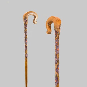 wooden walking cane, Shepherd Crook handle with fantasy purple flowers relief carving handcarved cane for nature lovers rustic walking stick