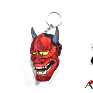 wooden keychain red hannya japan mask, tattoo lovers rustic keychain, unique gift handmade