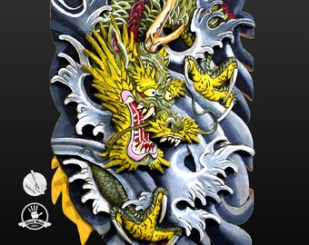 Dragón y olas, arte japonés, tapiz de madera, decoración de pared, tallado a mano, para amantes de los tatuajes, regalo para el hogar.