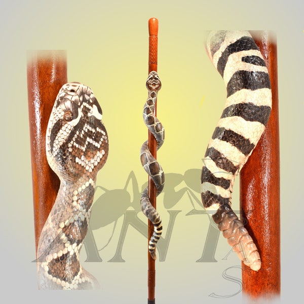 Schlangen-Gehstock aus Holz, Ganzkörper, handgeschnitzte gedrehte Stockkunst, Klapperschlangen-Gehstock zum Verkauf auf Bestellung
