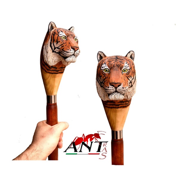 custom wood walking stick, realistic tiger head wood, wildlife hand carved for animal lovers, wooden hiking stick