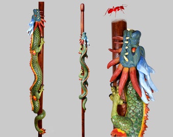 Climbing chinese dragon walking staff sculpture, wood carved cane and walking sticks handmade