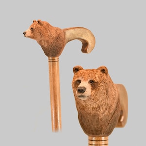 Walking cane realistic brown grizzly bear handle,wood crafted hand carved Walking Stick - Hiking Staff