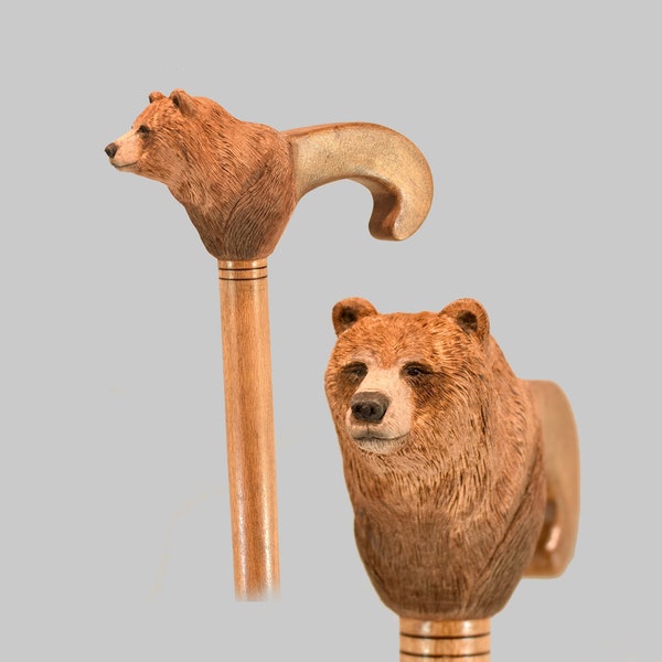 Walking cane realistic brown grizzly bear handle,wood crafted hand carved Walking Stick - Hiking Staff