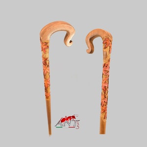 custom wood walking cane,Shepherd Crook handle with maple leaves relief carving,hand carved cane for nature lovers,rustic walking stick