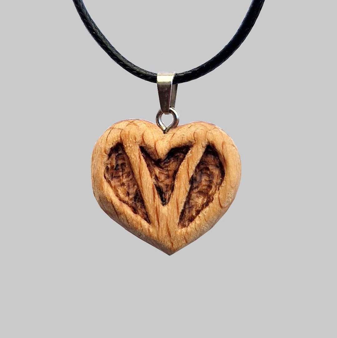 Personalized Wooden Heart Pendant With Initial V, Handmade Wood